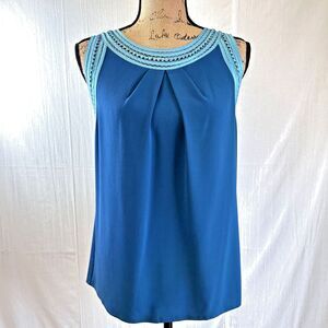 Lauren B Women's Blue Teal Sleeveless Lace Neck 100% Silk Tank Top Blouse Sz M